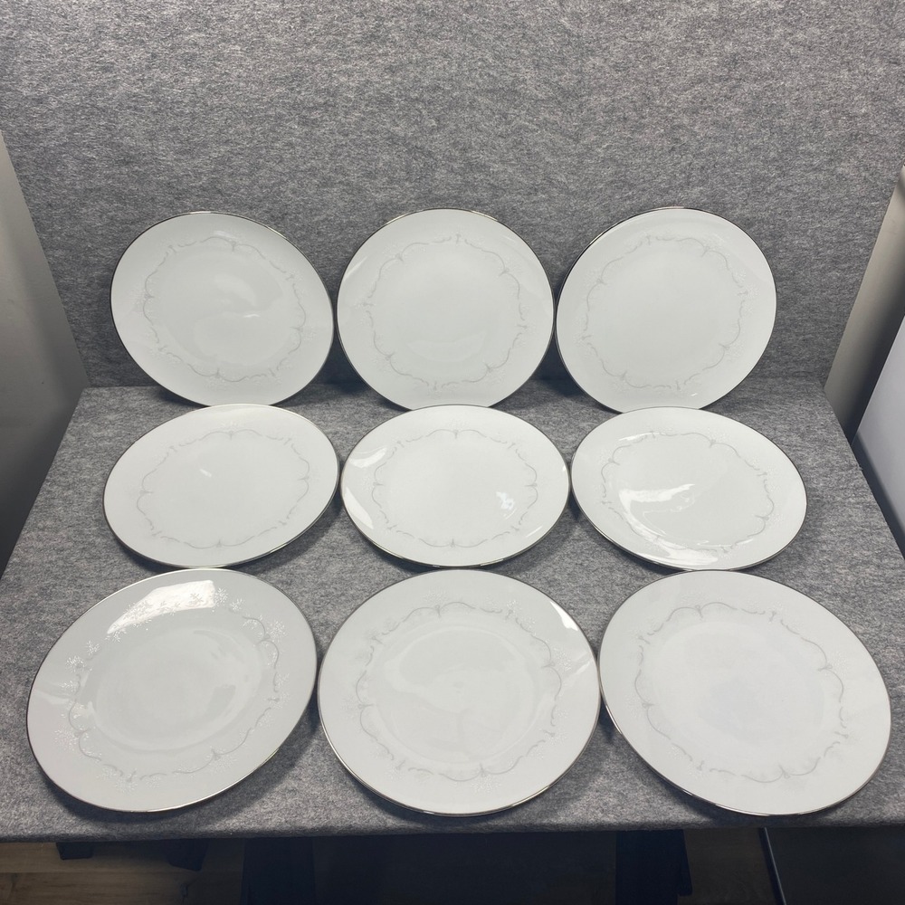 Set of 9 Noritake WHITEBROOK 6441 Dinner Plates White Floral Platinum Trim Japan